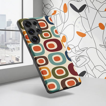 Retro 1970s mid-century modern geometric oval pattern TPU Samsung Galaxy case with colorful mustard, orange, and teal shapes