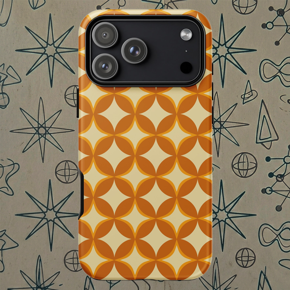 Protective iPhone case featuring a 1970s retro geometric pattern of interlocking orange and mustard petal shapes.