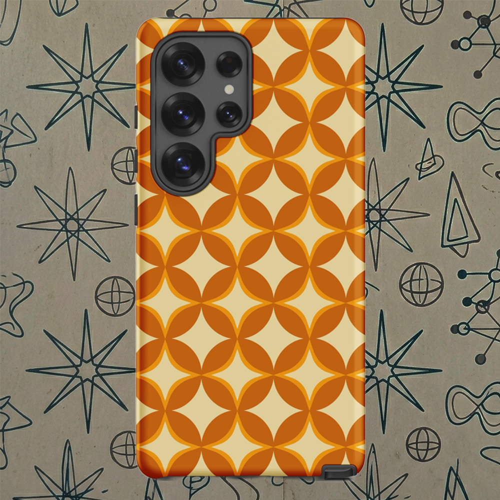 Protective Samsung Galaxy phone case featuring a 1970s retro geometric pattern of orange and mustard petal shapes.