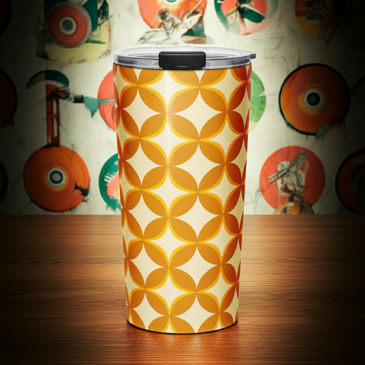 Insulated travel mug with a 1970s retro geometric pattern of interlocking orange and mustard petal shapes.
