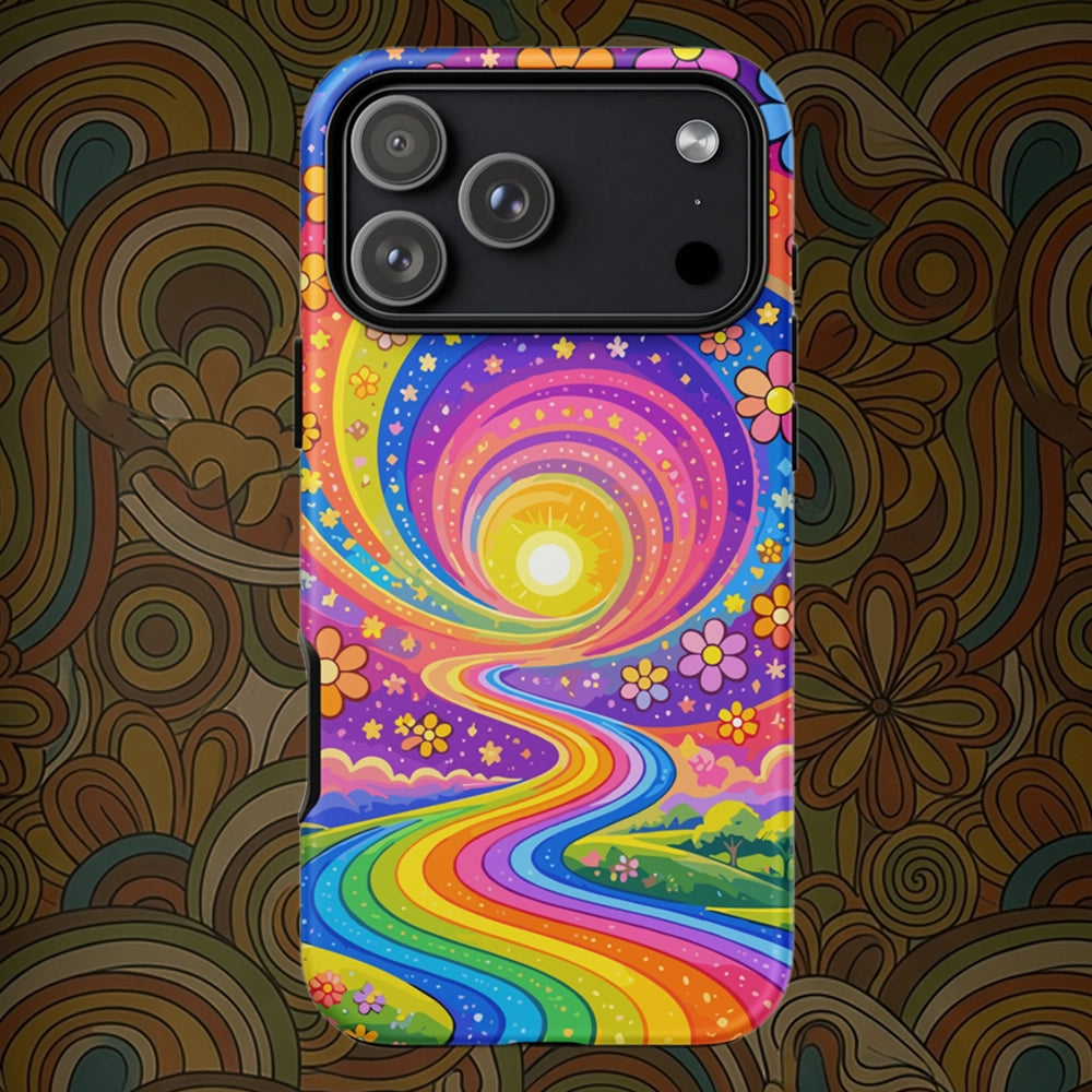 Psychedelic iPhone case featuring a vibrant rainbow road winding through green hills with colorful daisy flowers