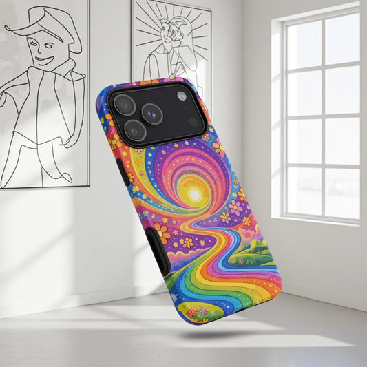 Psychedelic iPhone case featuring a vibrant rainbow road winding through green hills with colorful daisy flowers