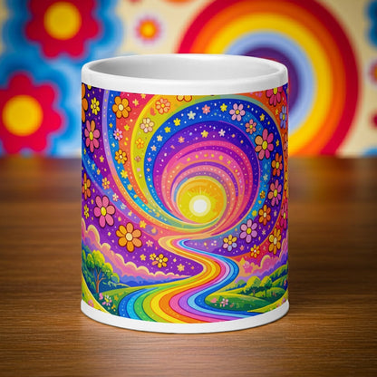 Psychedelic ceramic coffee mug featuring a vibrant rainbow road through green hills with colorful daisy flowers