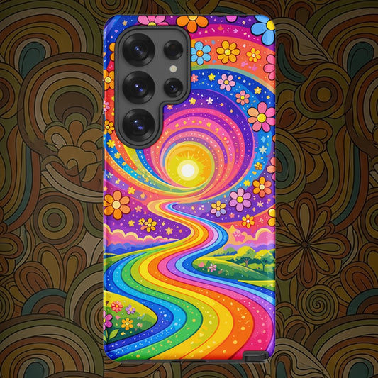 Psychedelic Samsung Galaxy case featuring a vibrant rainbow road winding through green hills with colorful flowers