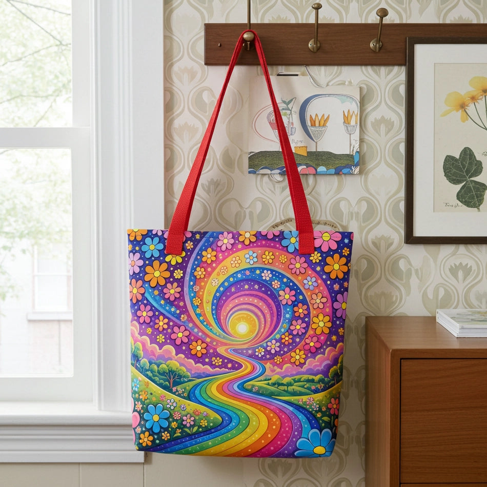 Psychedelic tote bag featuring a vibrant rainbow road winding through green hills with colorful daisy flowers
