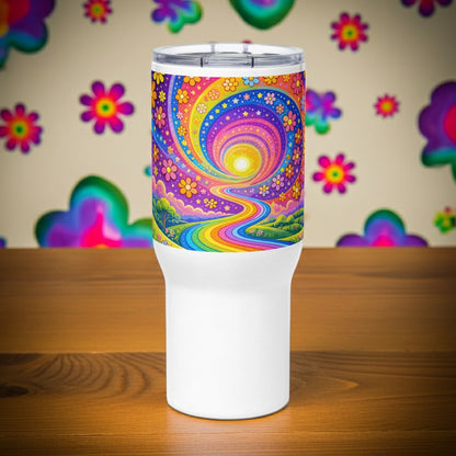 Psychedelic travel tumbler featuring a vibrant rainbow road winding through green hills with colorful daisy flowers