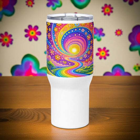 Psychedelic travel tumbler featuring a vibrant rainbow road winding through green hills with colorful daisy flowers