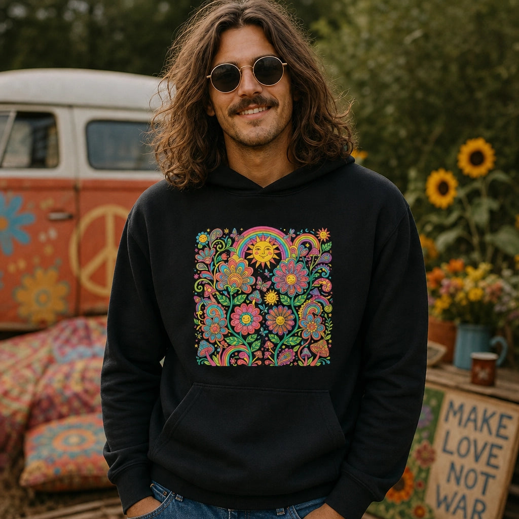 Retro 70s psychedelic style illustration with colorful smiling flowers, a happy sun, vibrant rainbows, and mushrooms.