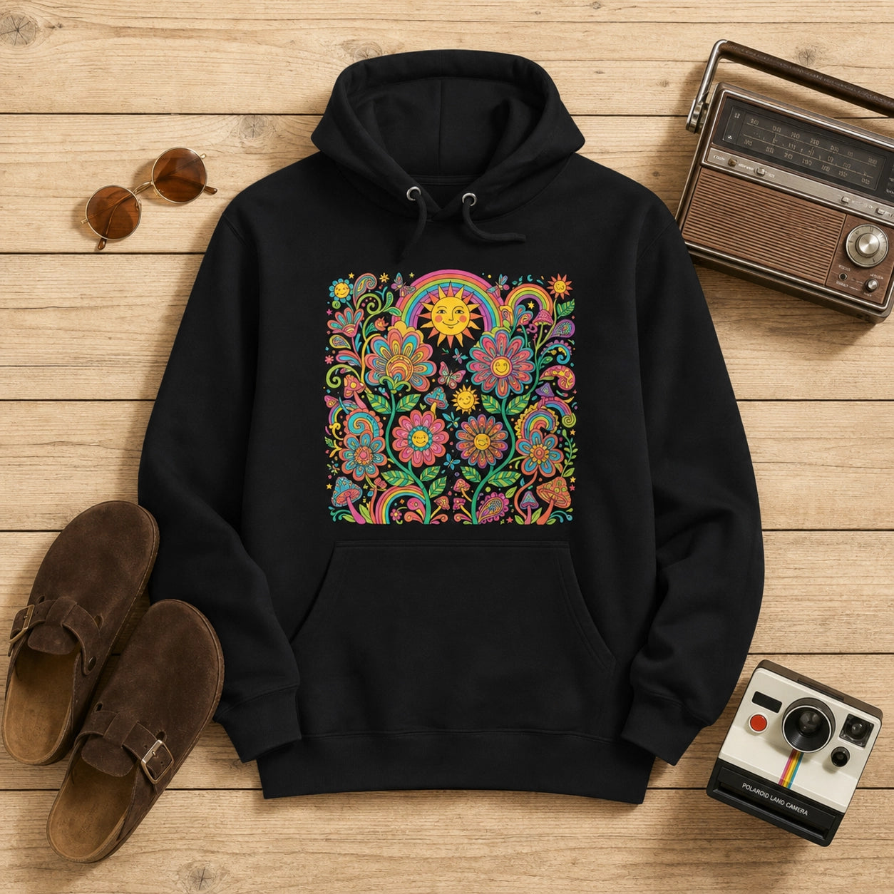 Retro 70s psychedelic style illustration with colorful smiling flowers, a happy sun, vibrant rainbows, and mushrooms.