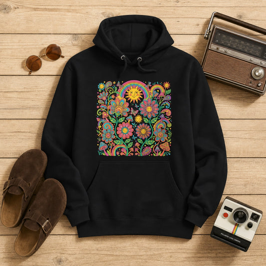 Retro 70s psychedelic style illustration with colorful smiling flowers, a happy sun, vibrant rainbows, and mushrooms.