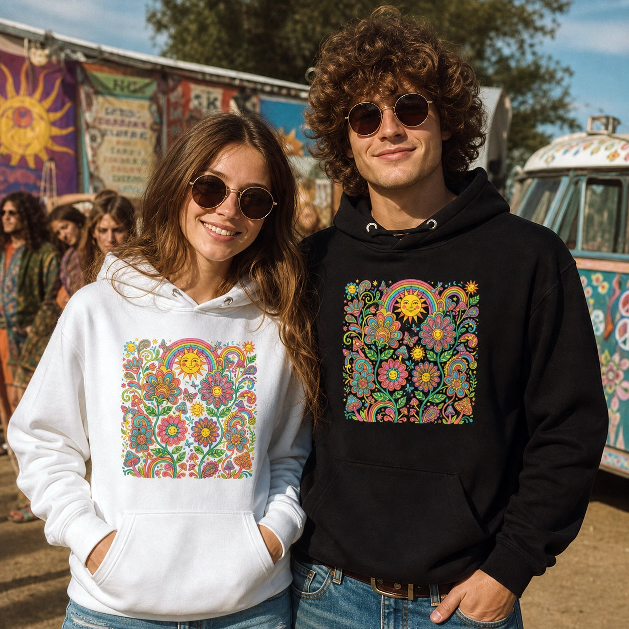 Retro 70s psychedelic style illustration with colorful smiling flowers, a happy sun, vibrant rainbows, and mushrooms.