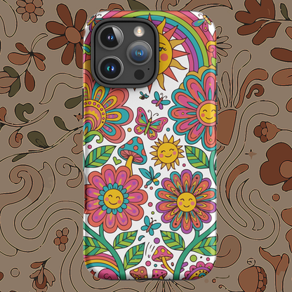 Retro 70s psychedelic style illustration with colorful smiling flowers, a happy sun, vibrant rainbows, and mushrooms.