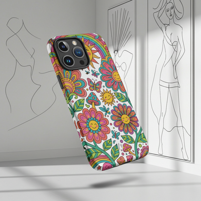 Retro 70s psychedelic style illustration with colorful smiling flowers, a happy sun, vibrant rainbows, and mushrooms.