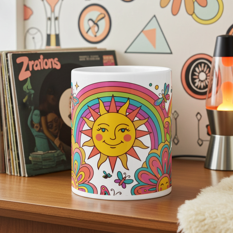 Vibrant 70s psychedelic ceramic mug design with smiling flowers, colorful rainbows, trippy mushrooms, and a sun.