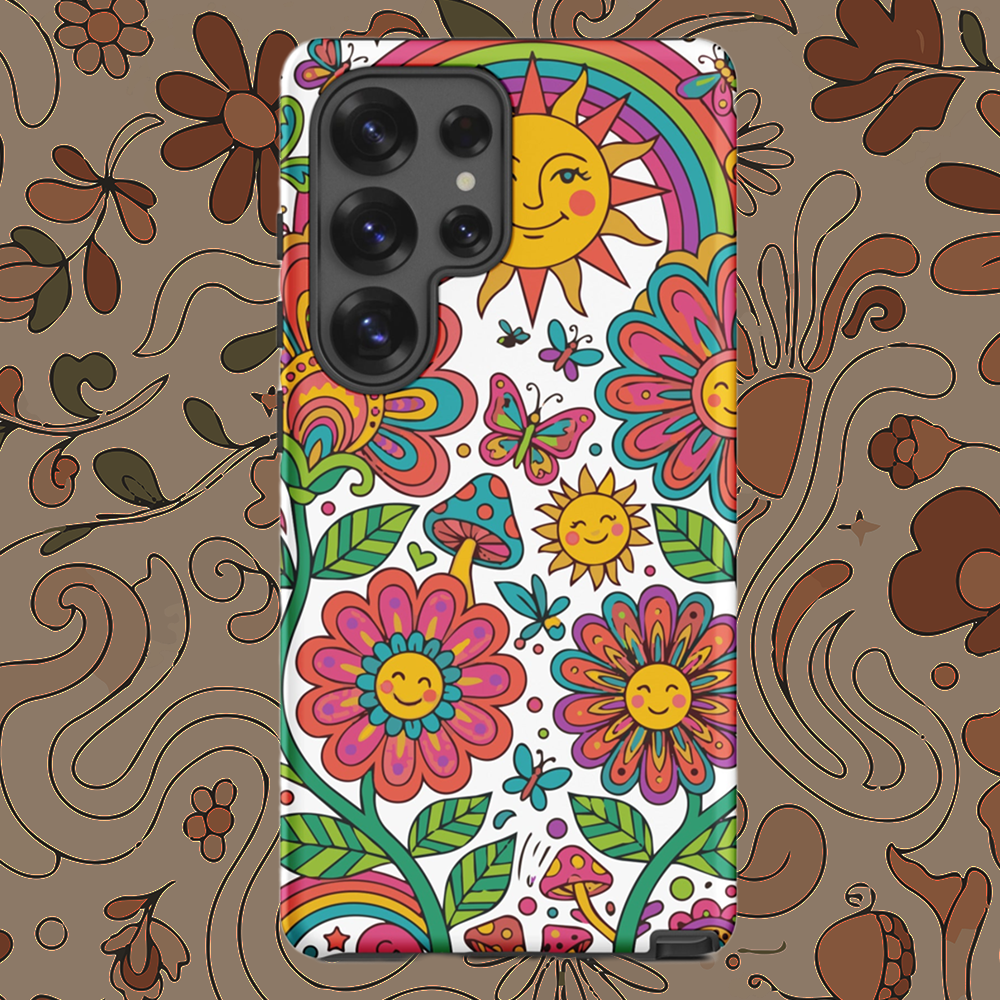 Retro 70s psychedelic style illustration with colorful smiling flowers, a happy sun, vibrant rainbows, and mushrooms.