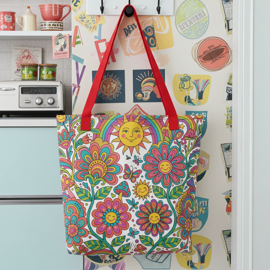 Retro 70s psychedelic style illustration with colorful smiling flowers, a happy sun, vibrant rainbows, and mushrooms.