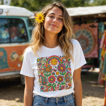Retro 70s psychedelic style illustration with colorful smiling flowers, a happy sun, vibrant rainbows, and mushrooms.