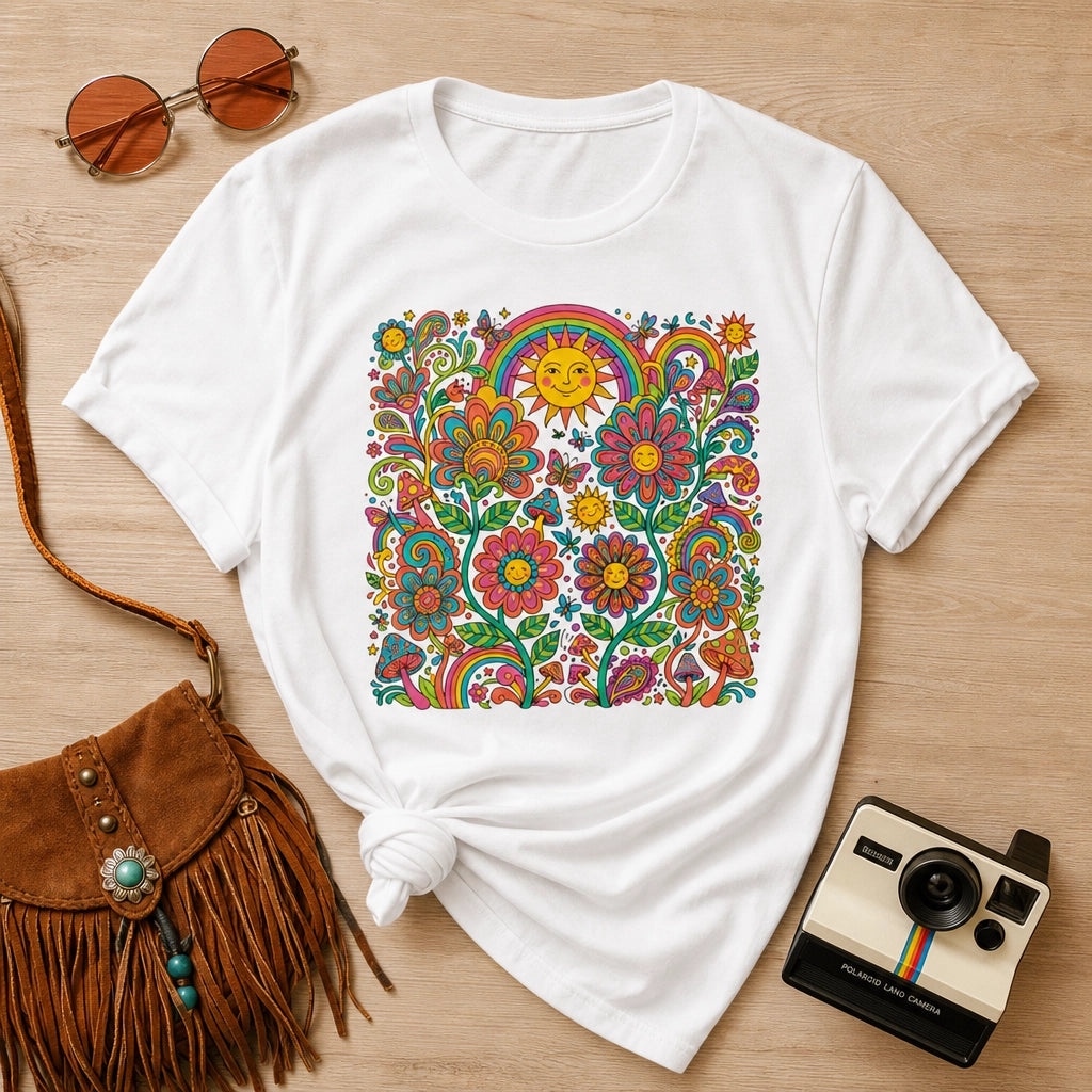 Retro 70s psychedelic style illustration with colorful smiling flowers, a happy sun, vibrant rainbows, and mushrooms.