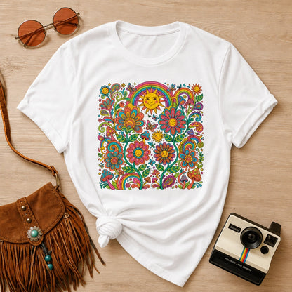 Retro 70s psychedelic style illustration with colorful smiling flowers, a happy sun, vibrant rainbows, and mushrooms.