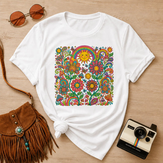 Retro 70s psychedelic style illustration with colorful smiling flowers, a happy sun, vibrant rainbows, and mushrooms.