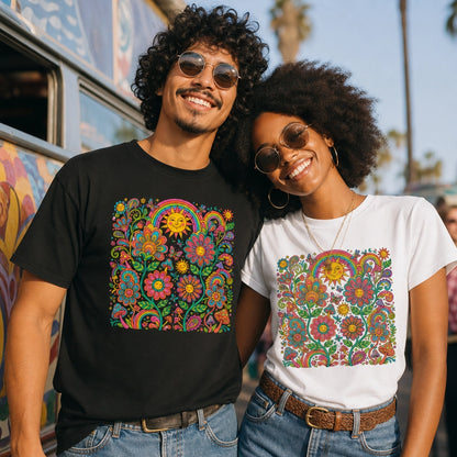 Retro 70s psychedelic style illustration with colorful smiling flowers, a happy sun, vibrant rainbows, and mushrooms.
