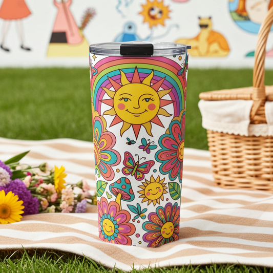 Retro 70s psychedelic style illustration with colorful smiling flowers, a happy sun, vibrant rainbows, and mushrooms.