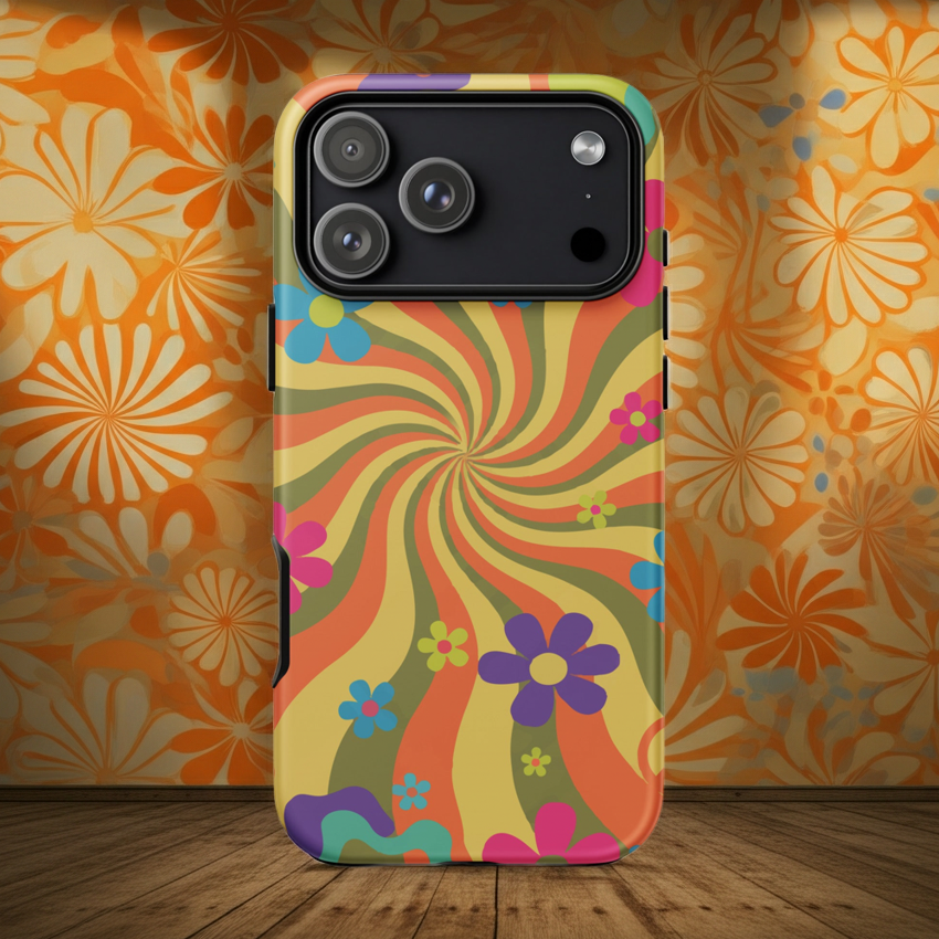 Durable dual-layer iPhone case featuring a high-contrast 70s psychedelic swirl pattern with vibrant orange, hot pink, and yellow waves on a glossy finish.