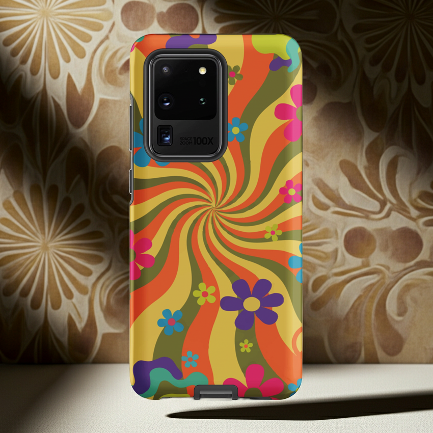 Dual-layer Samsung phone case with a groovy 70s psychedelic swirl pattern in vibrant orange, hot pink, and yellow waves on a glossy protective shell.