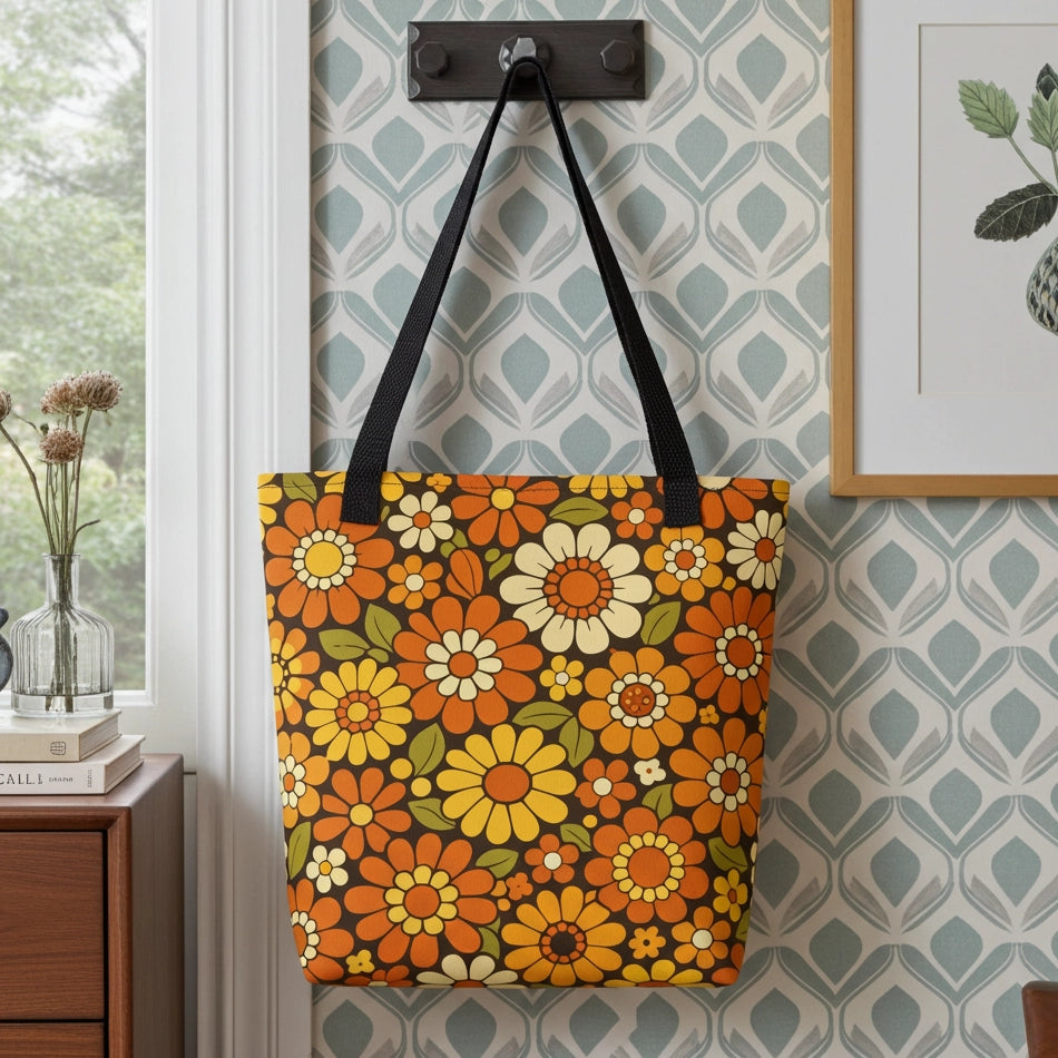 Retro 70s floral pattern polyester tote bag with orange, yellow, and cream daisies on a dark brown background.