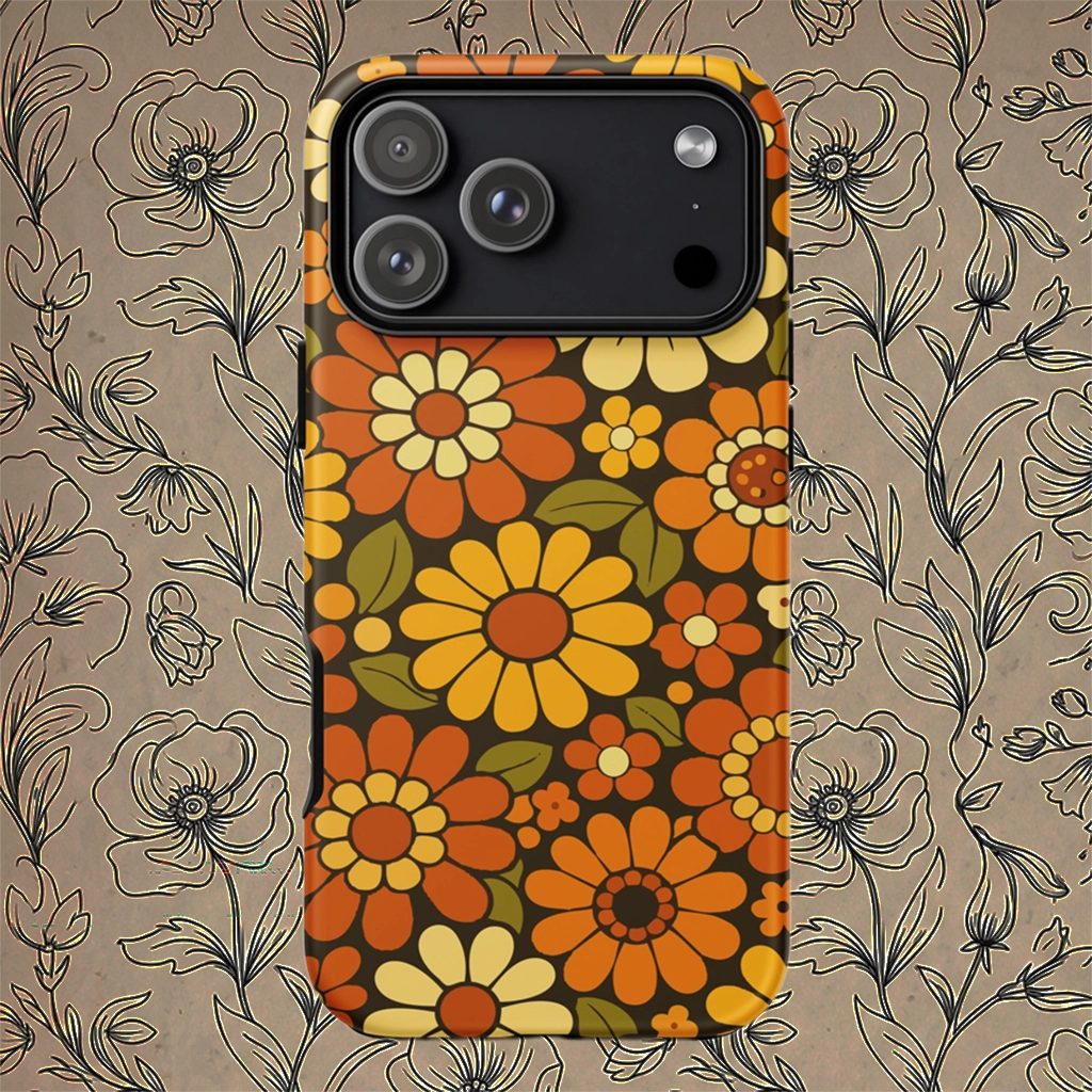 Retro 70s floral pattern with orange, yellow, and white daisies printed on a flexible clear TPU iPhone case.