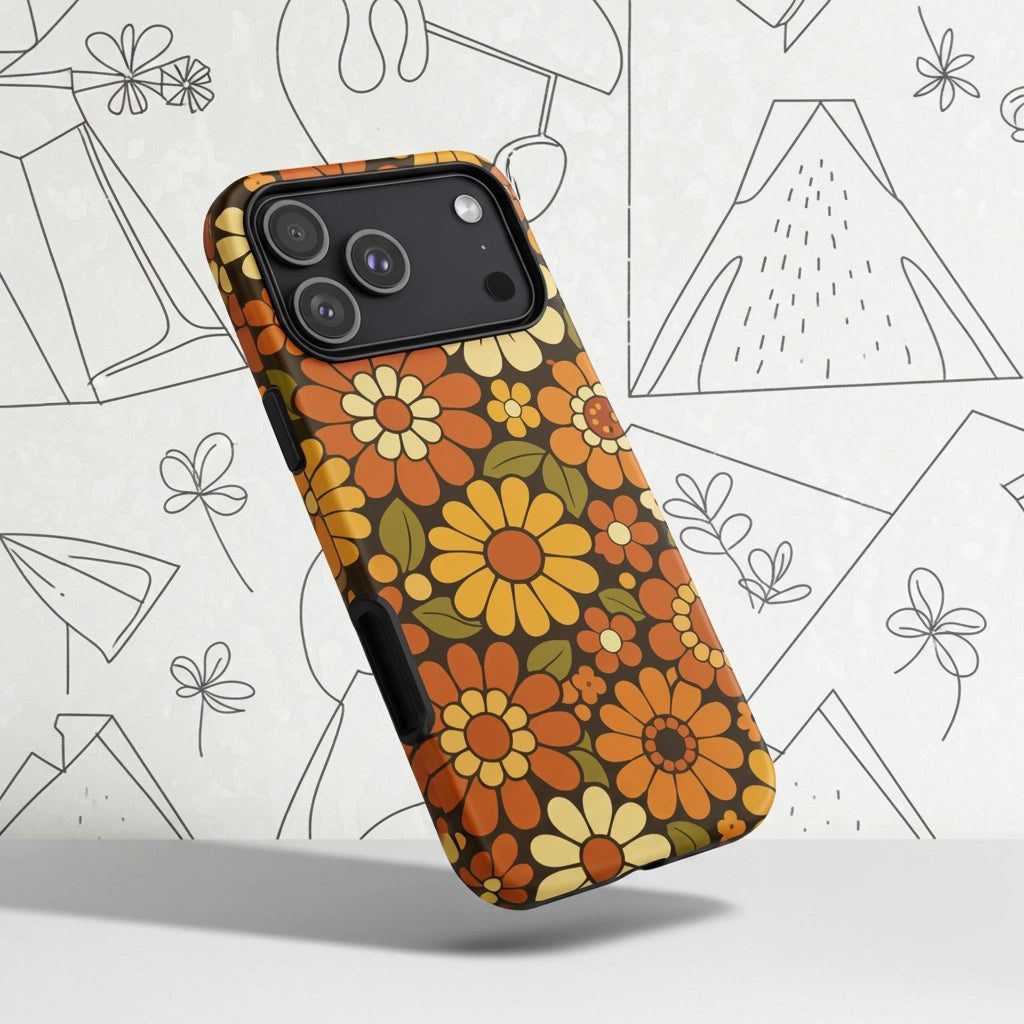 Retro 70s floral pattern with orange, yellow, and white daisies printed on a flexible clear TPU iPhone case.