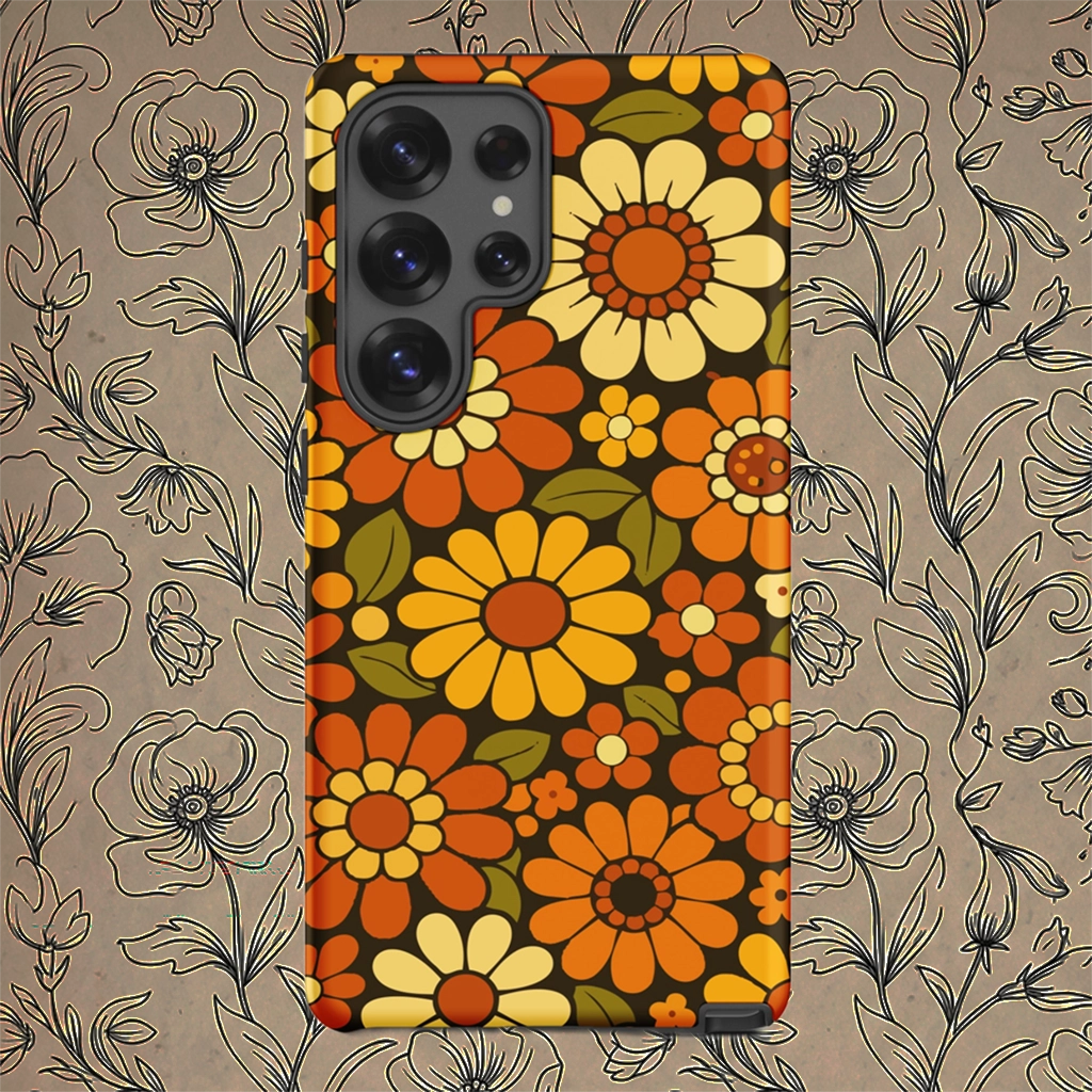 Retro 70s floral pattern with orange, yellow, and white daisies printed on a flexible clear TPU Samsung Galaxy case.