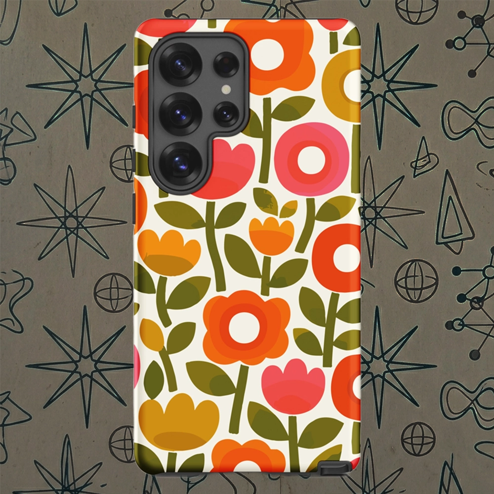 Retro 1970s flower power pattern TPU Samsung case featuring geometric orange, pink, and yellow flowers with green leaves