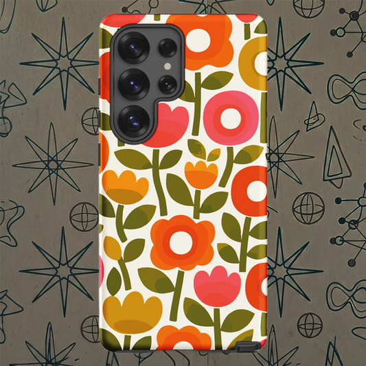 Retro 1970s flower power pattern TPU Samsung case featuring geometric orange, pink, and yellow flowers with green leaves
