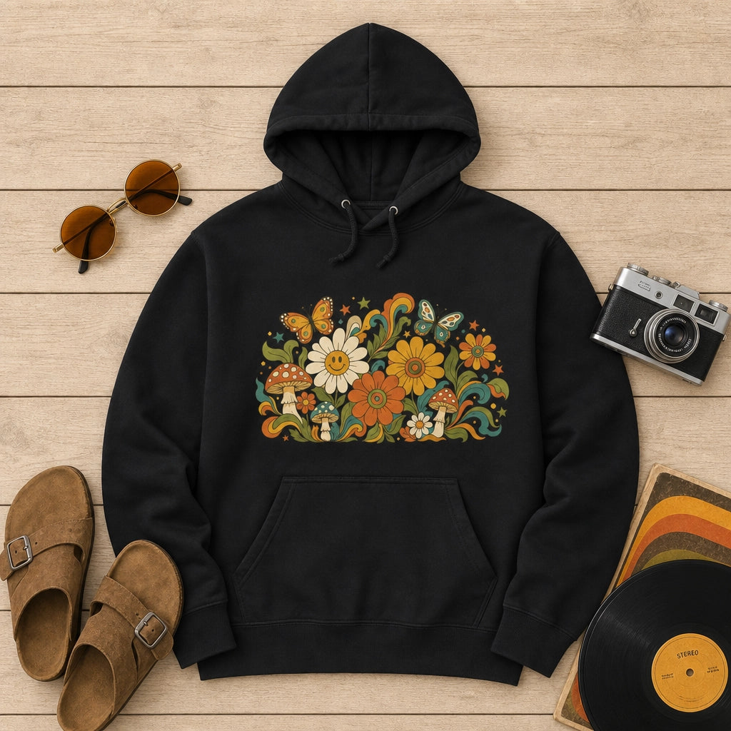 70s retro psychedelic hoodie artwork featuring smiling daisies, butterflies, and colorful mushrooms