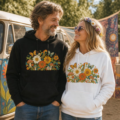70s retro psychedelic hoodie artwork featuring smiling daisies, butterflies, and colorful mushrooms