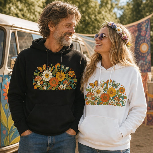 70s retro psychedelic hoodie artwork featuring smiling daisies, butterflies, and colorful mushrooms