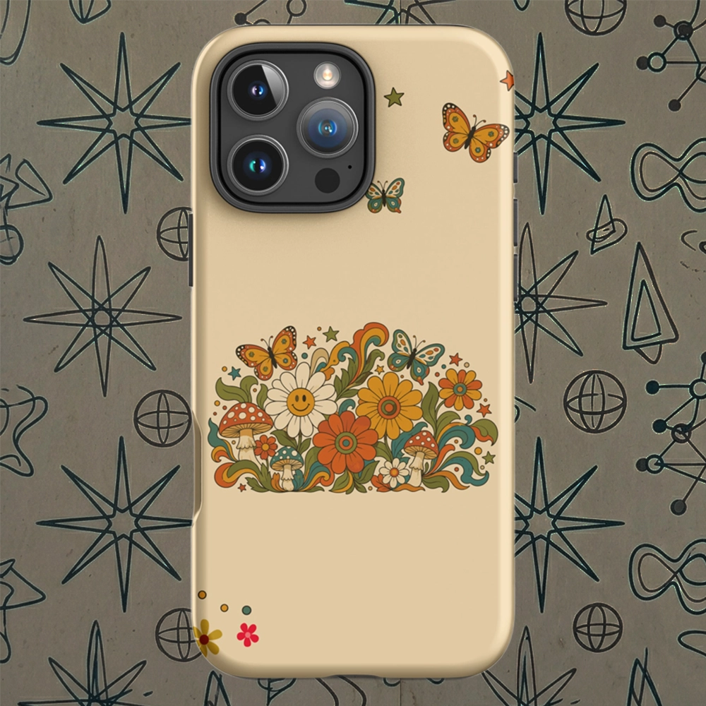 Retro 70s psychedelic flower artwork with smiley daisies, mushrooms, and butterflies.