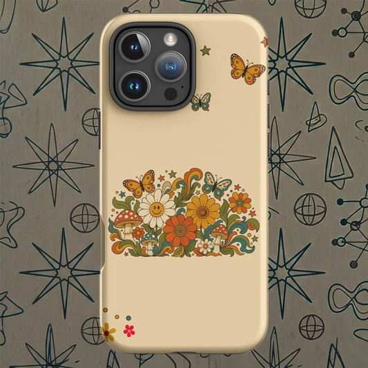 Retro 70s psychedelic flower artwork with smiley daisies, mushrooms, and butterflies.
