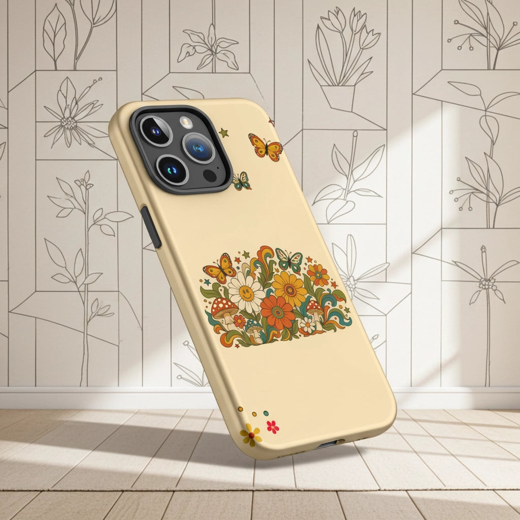 Retro 70s psychedelic flower artwork with smiley daisies, mushrooms, and butterflies.