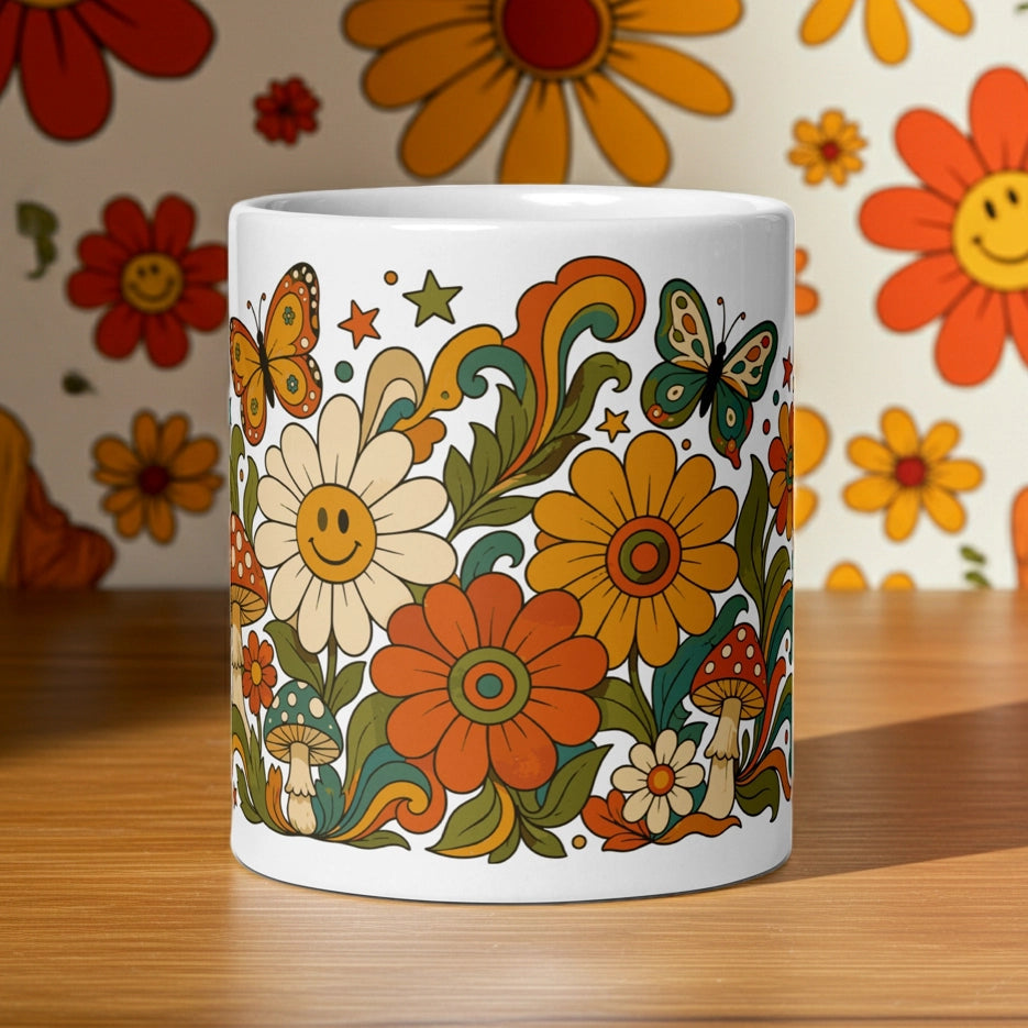 Retro 70s psychedelic ceramic mug featuring smiley daisies, red spotted mushrooms, and colorful butterflies.