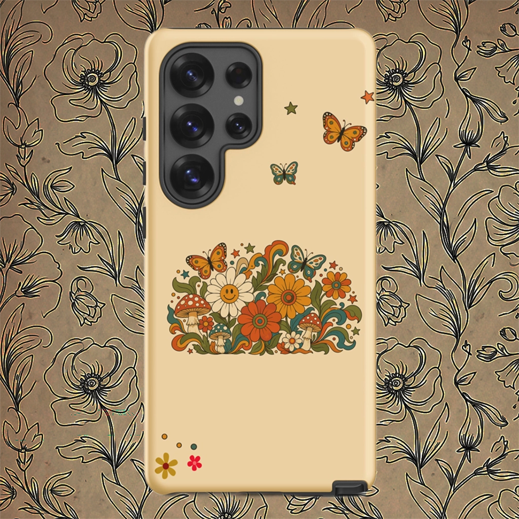 Retro 70s psychedelic design with smiling flowers, butterflies, and mushrooms on a TPU Samsung Galaxy phone case.