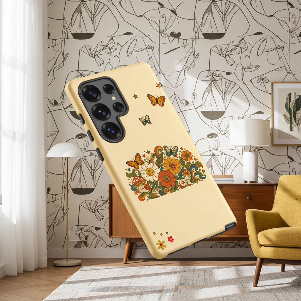Retro 70s psychedelic design with smiling flowers, butterflies, and mushrooms on a TPU Samsung Galaxy phone case.