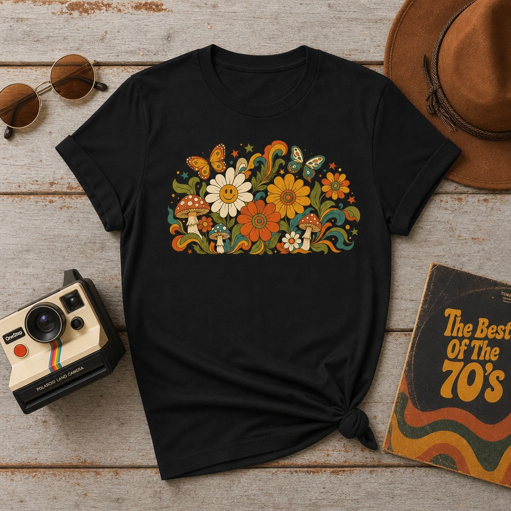 70s retro psychedelic floral t-shirt artwork featuring smiling daisies, butterflies, and colorful mushrooms.