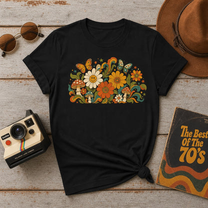 70s retro psychedelic floral t-shirt artwork featuring smiling daisies, butterflies, and colorful mushrooms.