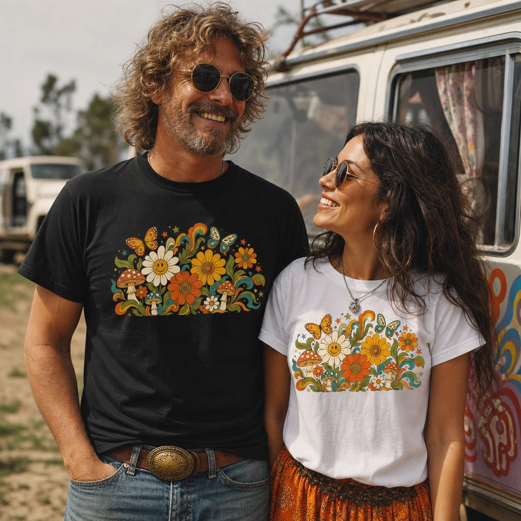 A man and a woman wearing matching graphic t-shirts with a colorful retro floral and mushroom print, standing in front of a vintage van.