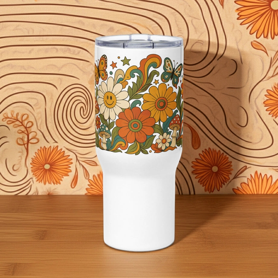 70s retro psychedelic floral art with smiley face daisies, mushrooms, and butterflies on white background
