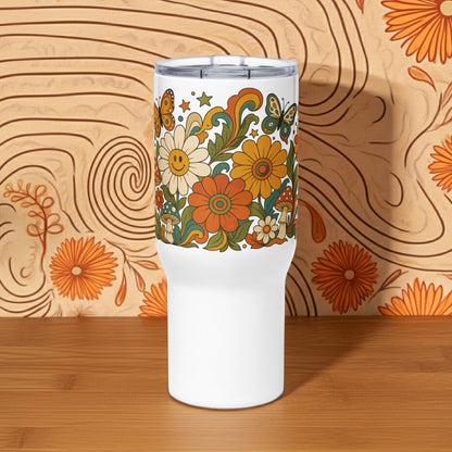 70s retro psychedelic floral art with smiley face daisies, mushrooms, and butterflies on white background
