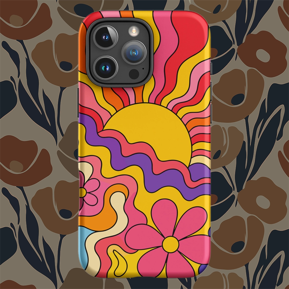 Vibrant 1970s psychedelic iPhone case featuring a wavy retro sunburst sunset surrounded by colorful groovy flowers.