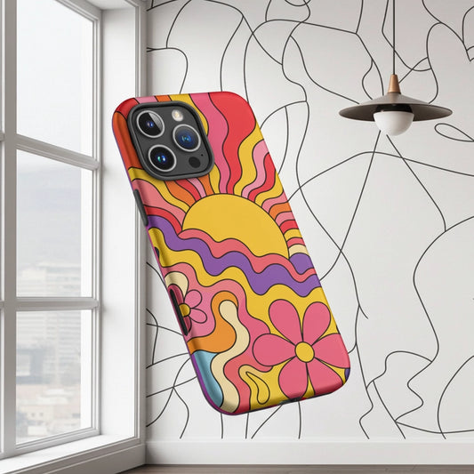Vibrant 1970s psychedelic iPhone case featuring a wavy retro sunburst sunset surrounded by colorful groovy flowers.